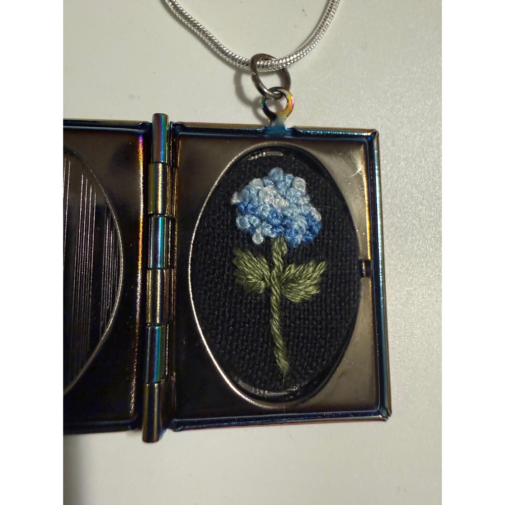 Iridescent‎ Book Locket Necklace Embroidered Flower Art Deco Oil Slick Finish